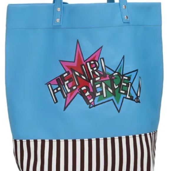 Henri Bendel Blue Canvas Tote with iconic stripped bottom - Picture 4 of 4